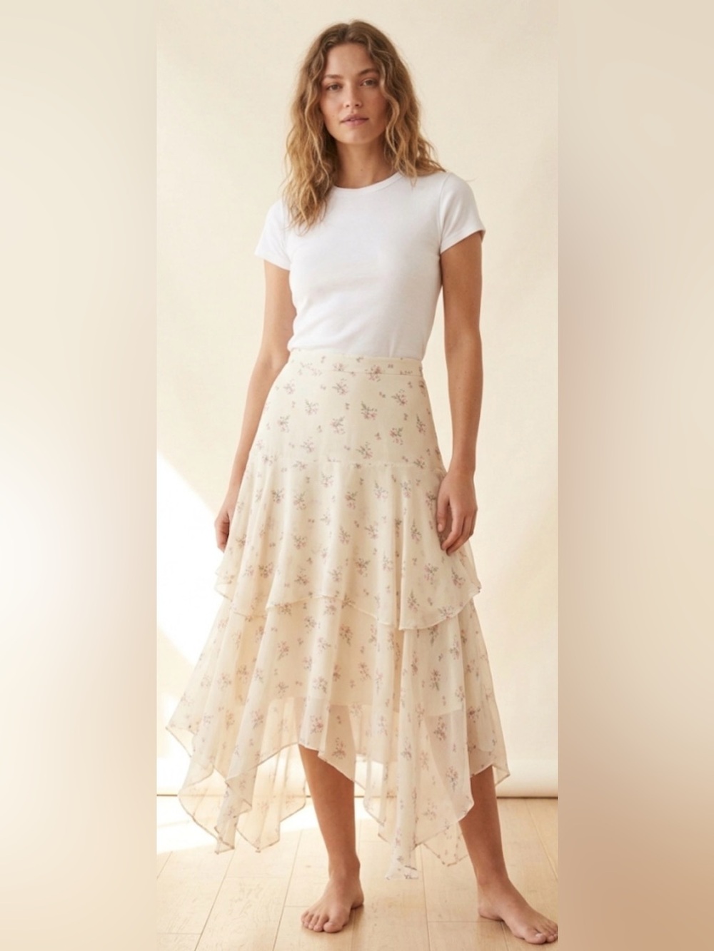 Love Shack fancy, Alex skirt, Cream Floral Tiered skirt, size small